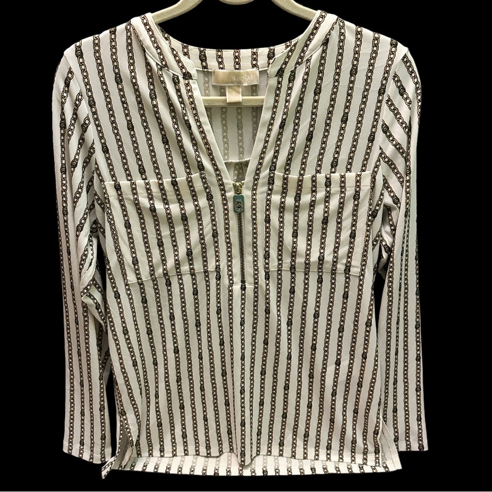 Michael Kors Women’s White and Brown Striped zip 1/4 casual shirt S